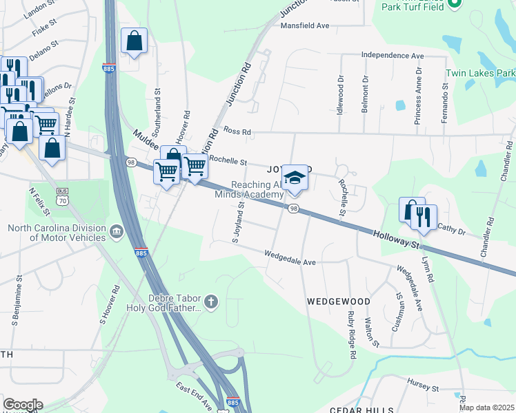 map of restaurants, bars, coffee shops, grocery stores, and more near 2610 Holloway Street in Durham