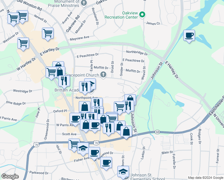 map of restaurants, bars, coffee shops, grocery stores, and more near 217 Northpoint Avenue in High Point
