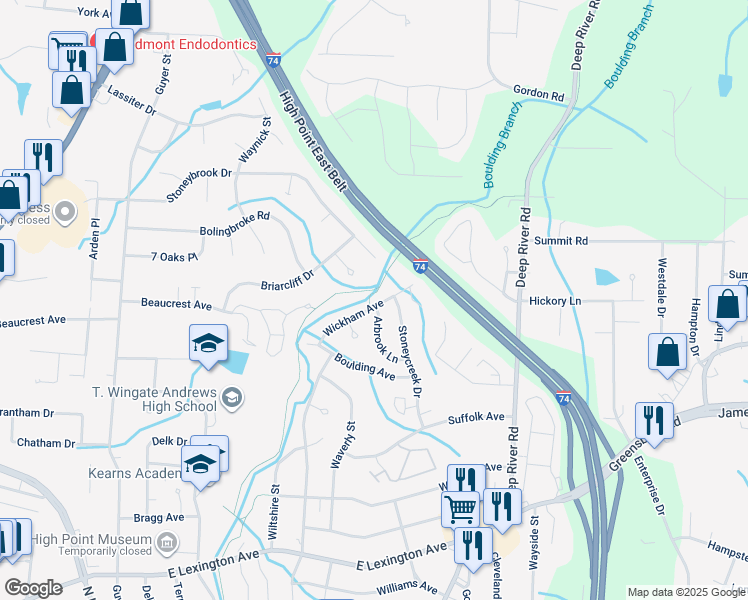 map of restaurants, bars, coffee shops, grocery stores, and more near 2001 Wickham Avenue in High Point