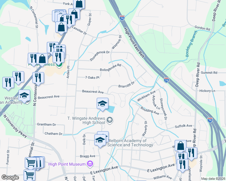 map of restaurants, bars, coffee shops, grocery stores, and more near 2013 Briarcliff Drive in High Point