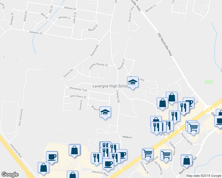 map of restaurants, bars, coffee shops, grocery stores, and more near 1009 Stonemark Trail in La Vergne