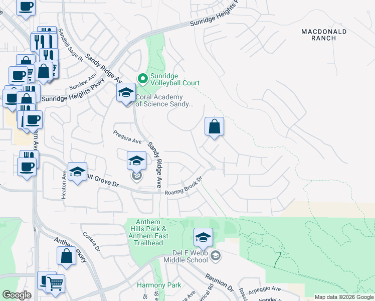 map of restaurants, bars, coffee shops, grocery stores, and more near 2268 Dakota Sky Court in Henderson