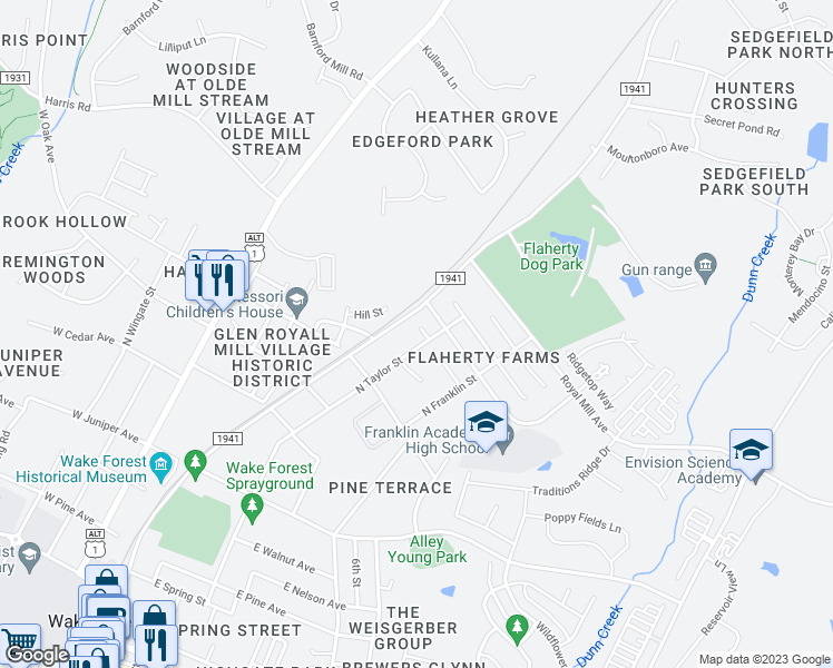 map of restaurants, bars, coffee shops, grocery stores, and more near 404 Foxbridge Court in Wake Forest