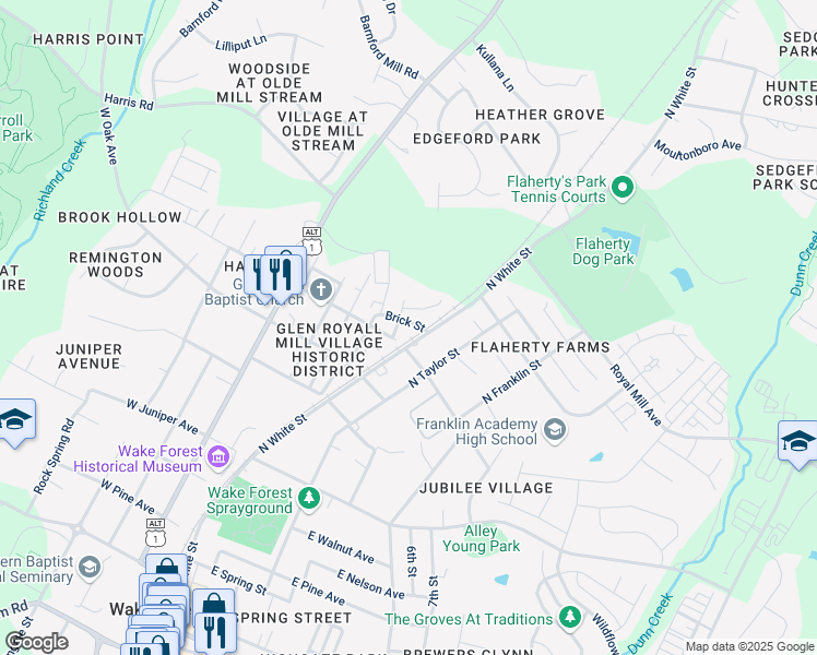map of restaurants, bars, coffee shops, grocery stores, and more near 230 Brick Street in Wake Forest