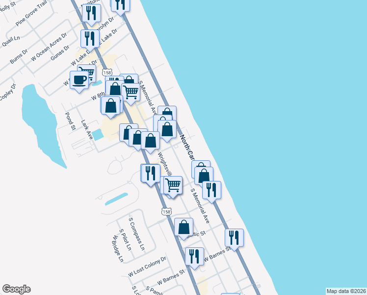 map of restaurants, bars, coffee shops, grocery stores, and more near 2401 South Oneto Lane in Nags Head