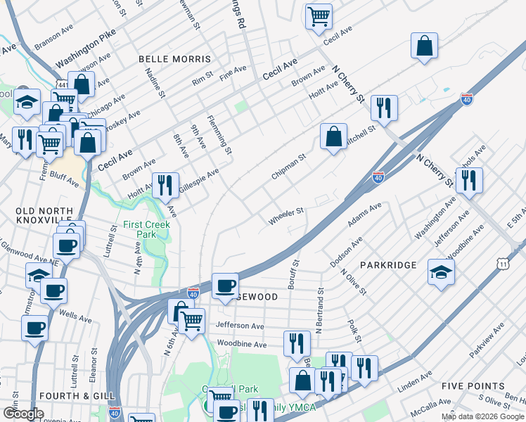 map of restaurants, bars, coffee shops, grocery stores, and more near 1908 Chipman Street in Knoxville