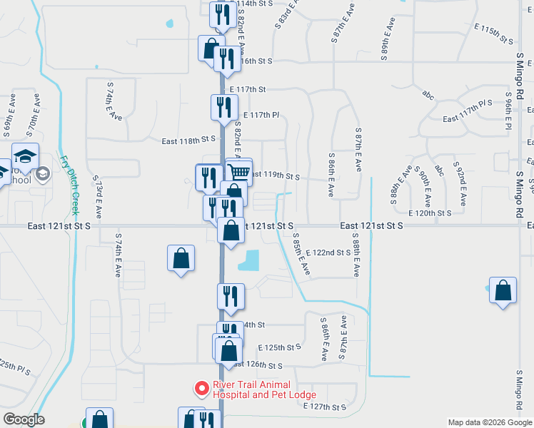 map of restaurants, bars, coffee shops, grocery stores, and more near 8330 East 120th Place in Bixby