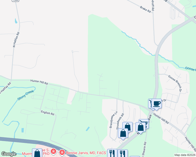 map of restaurants, bars, coffee shops, grocery stores, and more near 2606 Mallard Court in Rocky Mount