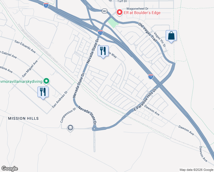 map of restaurants, bars, coffee shops, grocery stores, and more near 1122 Paradise Vista Drive in Henderson