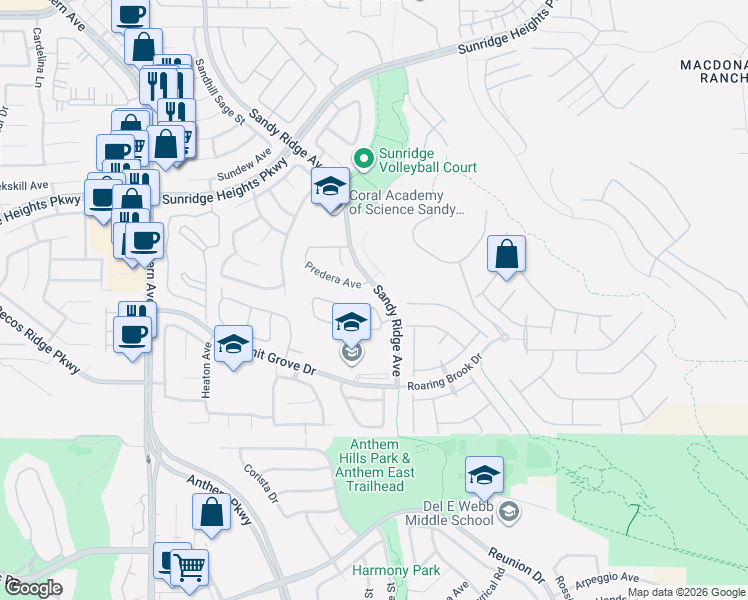 map of restaurants, bars, coffee shops, grocery stores, and more near 2388 Predera Avenue in Henderson