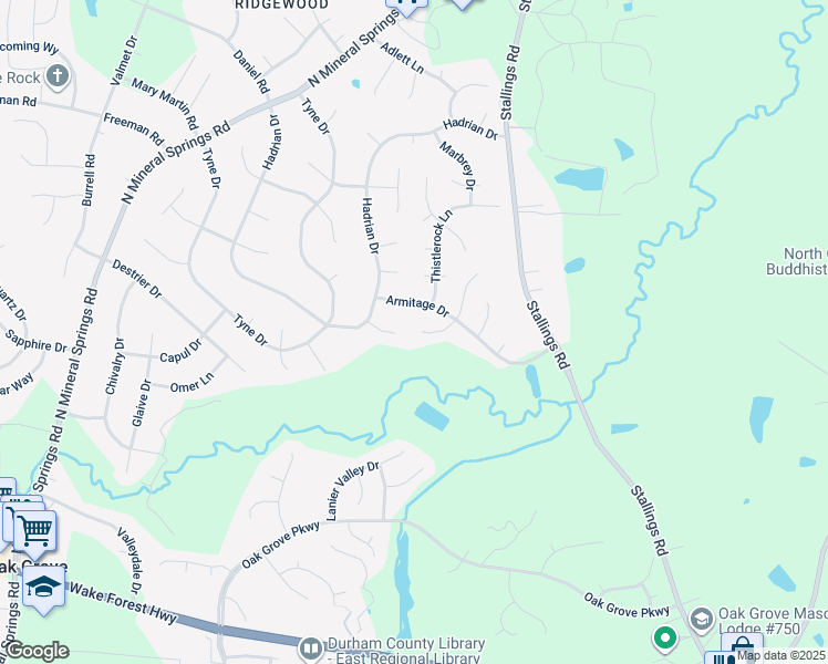 map of restaurants, bars, coffee shops, grocery stores, and more near 16 South Indian Creek Place in Durham