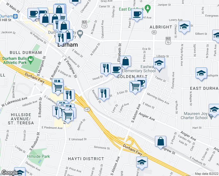 map of restaurants, bars, coffee shops, grocery stores, and more near 804a Angier Avenue in Durham