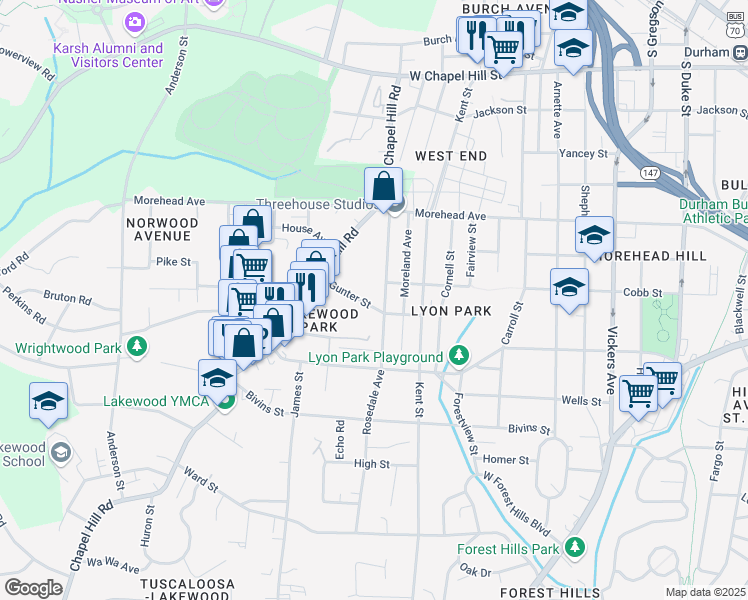 map of restaurants, bars, coffee shops, grocery stores, and more near 1036 Rosedale Avenue in Durham