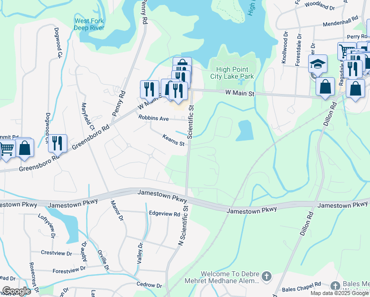 map of restaurants, bars, coffee shops, grocery stores, and more near 214 Scientific Street in Jamestown