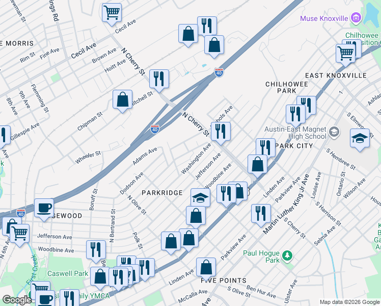 map of restaurants, bars, coffee shops, grocery stores, and more near 2536 Nichols Avenue in Knoxville