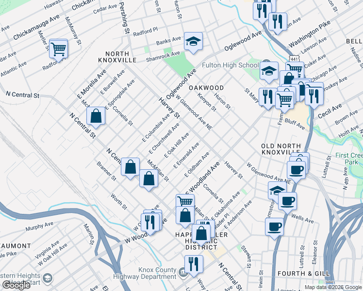 map of restaurants, bars, coffee shops, grocery stores, and more near 422 East Oak Hill Avenue in Knoxville