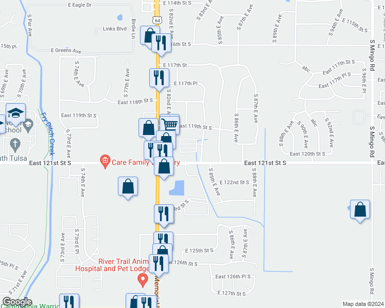 map of restaurants, bars, coffee shops, grocery stores, and more near 11927 83rd East Place in Bixby