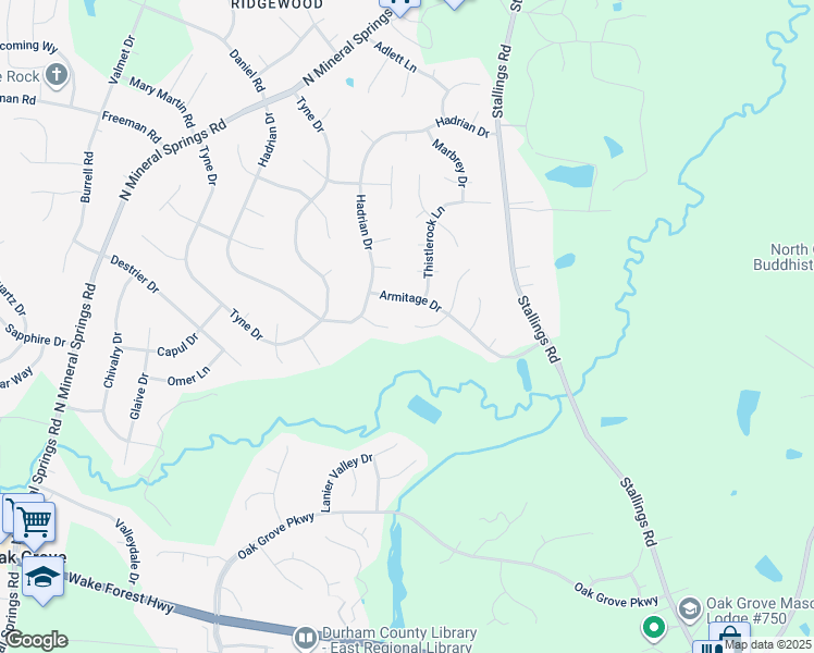 map of restaurants, bars, coffee shops, grocery stores, and more near 16 South Indian Creek Place in Durham