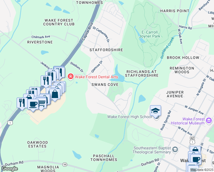 map of restaurants, bars, coffee shops, grocery stores, and more near 220 Whistling Swan Drive in Wake Forest