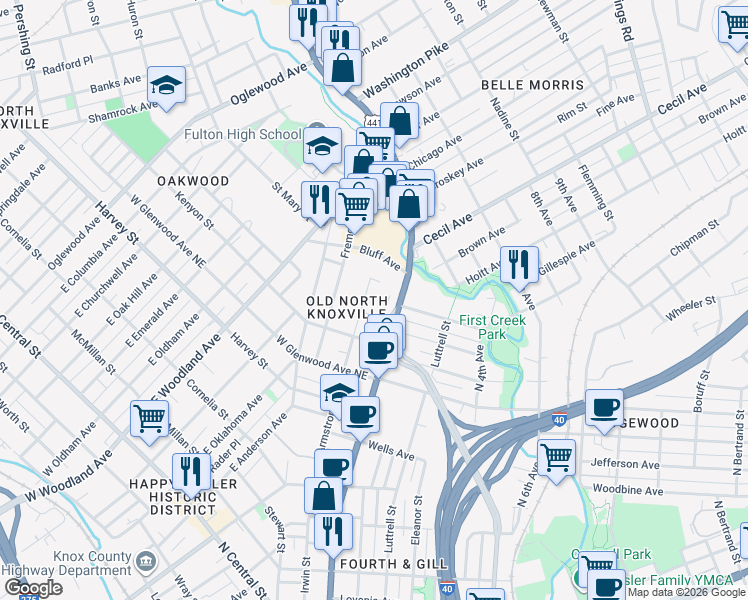 map of restaurants, bars, coffee shops, grocery stores, and more near 1412 Armstrong Avenue in Knoxville