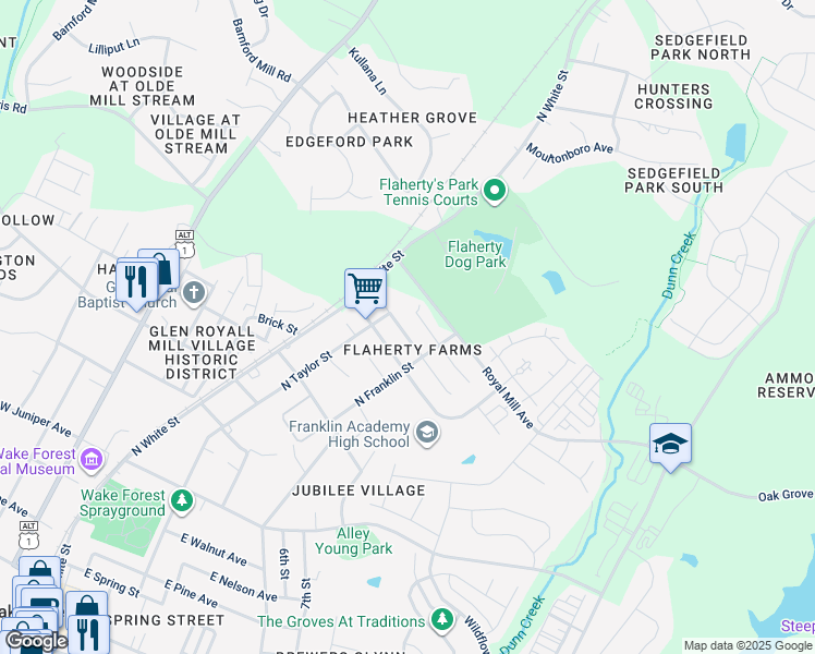 map of restaurants, bars, coffee shops, grocery stores, and more near 509 Groveton Trail in Wake Forest