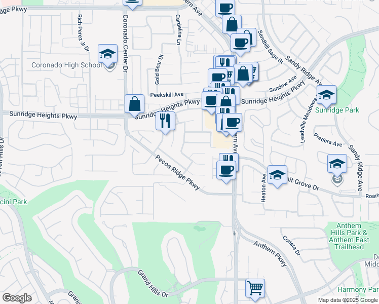 map of restaurants, bars, coffee shops, grocery stores, and more near 1031 Belle River Court in Henderson