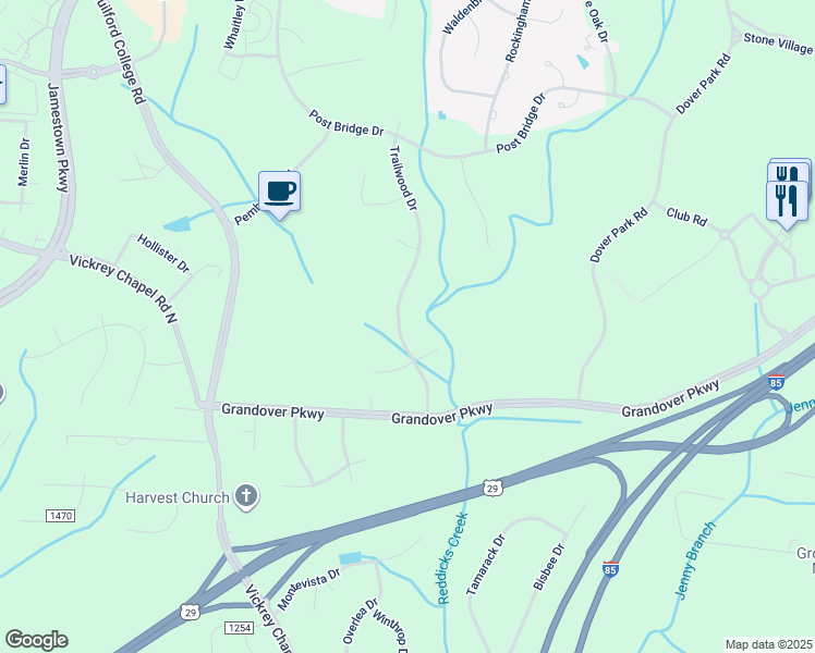 map of restaurants, bars, coffee shops, grocery stores, and more near 4805 Trailwood Drive in Greensboro