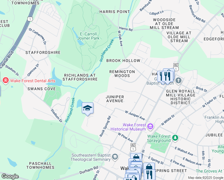map of restaurants, bars, coffee shops, grocery stores, and more near 509 West Cedar Avenue in Wake Forest