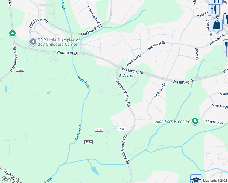 map of restaurants, bars, coffee shops, grocery stores, and more near 2453 Saint Stephens Court in High Point