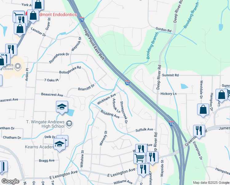 map of restaurants, bars, coffee shops, grocery stores, and more near 2001 Wickham Avenue in High Point