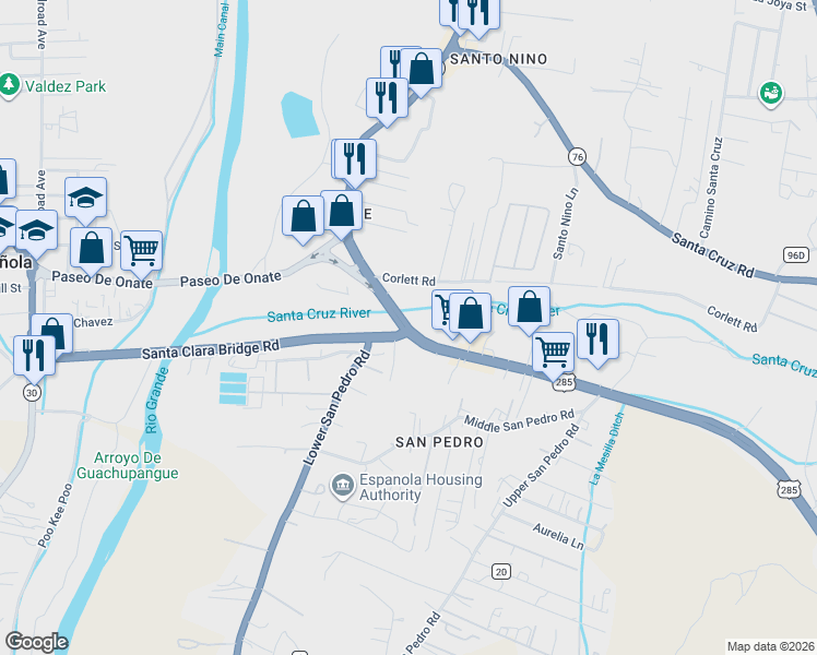 map of restaurants, bars, coffee shops, grocery stores, and more near US Highway 285 in Española