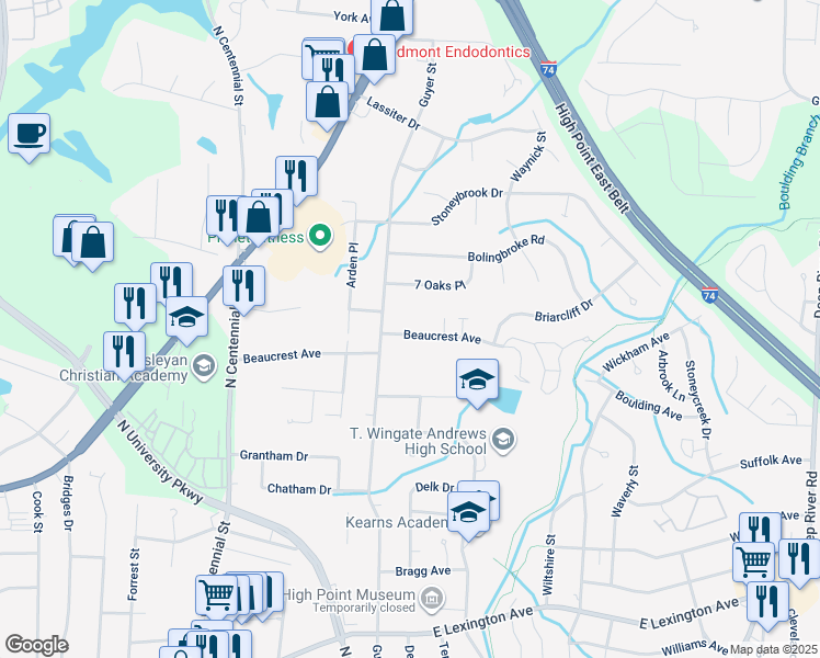 map of restaurants, bars, coffee shops, grocery stores, and more near 1607 Beaucrest Avenue in High Point