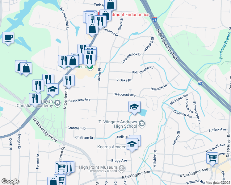 map of restaurants, bars, coffee shops, grocery stores, and more near 1607 Beaucrest Avenue in High Point