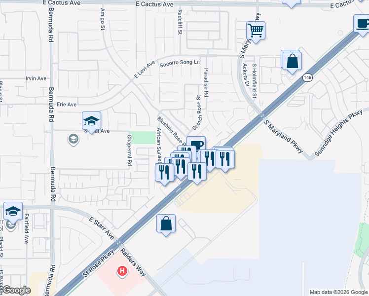 map of restaurants, bars, coffee shops, grocery stores, and more near 908 Blushing Rose Place in Henderson