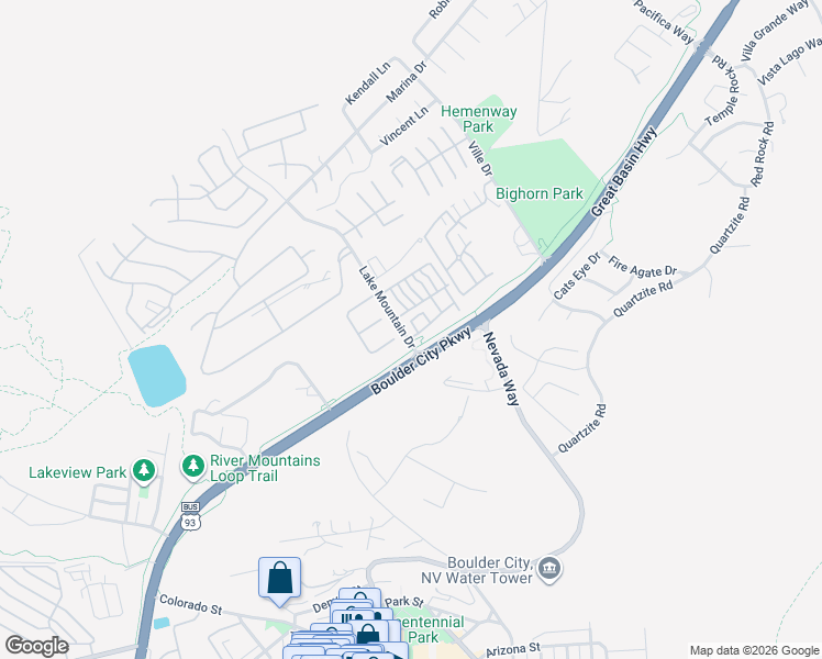 map of restaurants, bars, coffee shops, grocery stores, and more near 660 Sandy Beach Way in Boulder City