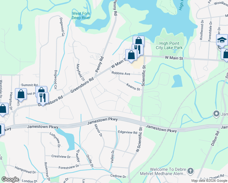 map of restaurants, bars, coffee shops, grocery stores, and more near 127 Kearns Street in Jamestown