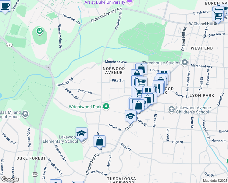 map of restaurants, bars, coffee shops, grocery stores, and more near 2229 Lafayette Street in Durham