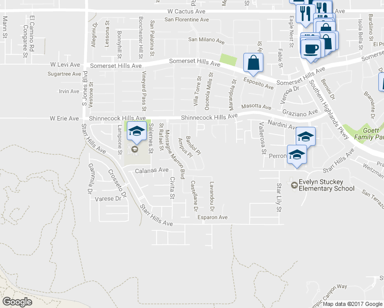 map of restaurants, bars, coffee shops, grocery stores, and more near 11066 Ampus Place in Las Vegas