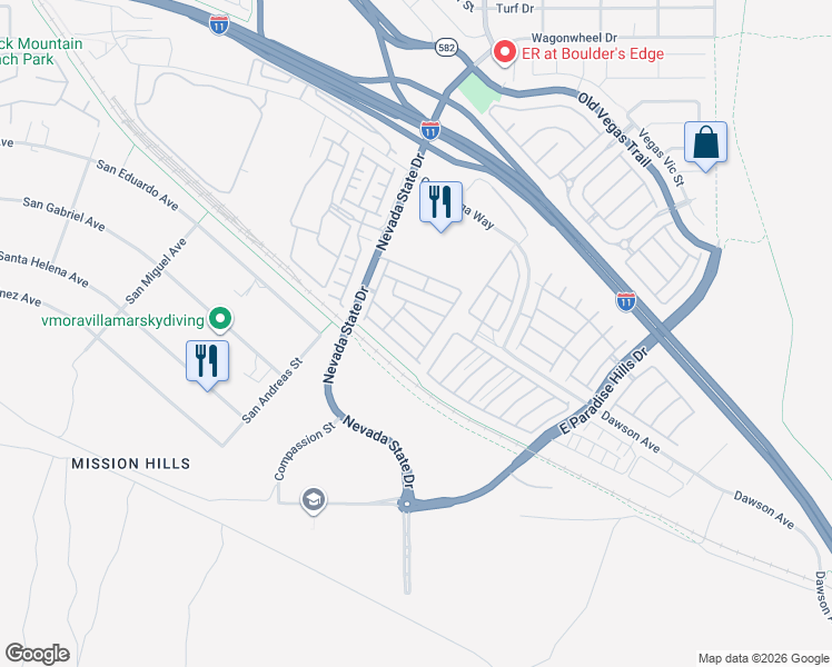 map of restaurants, bars, coffee shops, grocery stores, and more near 1131 Paradise Vista Drive in Henderson
