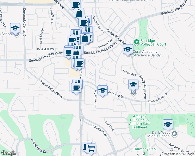 map of restaurants, bars, coffee shops, grocery stores, and more near 2463 Lower Meadows Avenue in Henderson