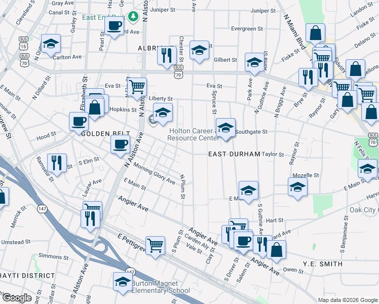 map of restaurants, bars, coffee shops, grocery stores, and more near 409 North Hyde Park Avenue in Durham