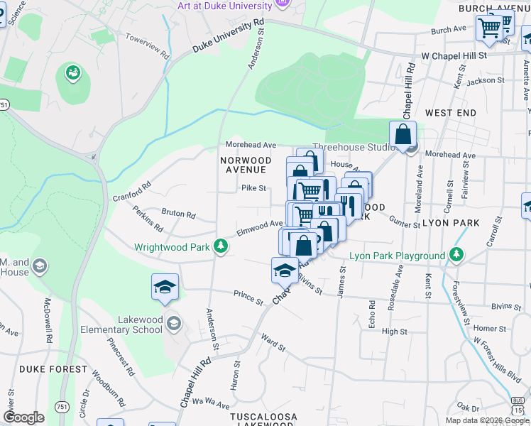 map of restaurants, bars, coffee shops, grocery stores, and more near 1808 Shelton Avenue in Durham