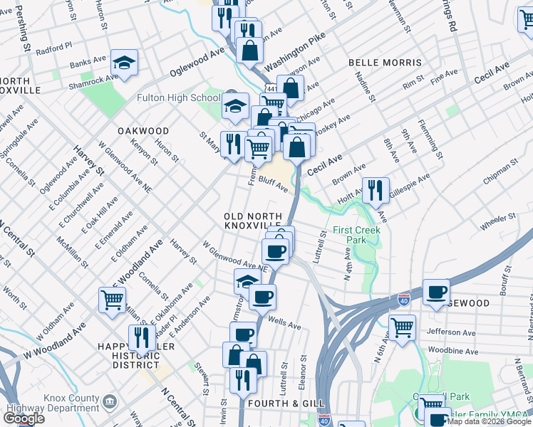 map of restaurants, bars, coffee shops, grocery stores, and more near 1412 Armstrong Avenue in Knoxville