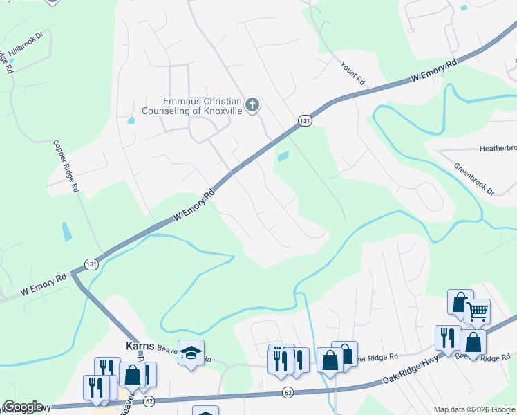 map of restaurants, bars, coffee shops, grocery stores, and more near 7025 Westerly Winds Road in Knoxville