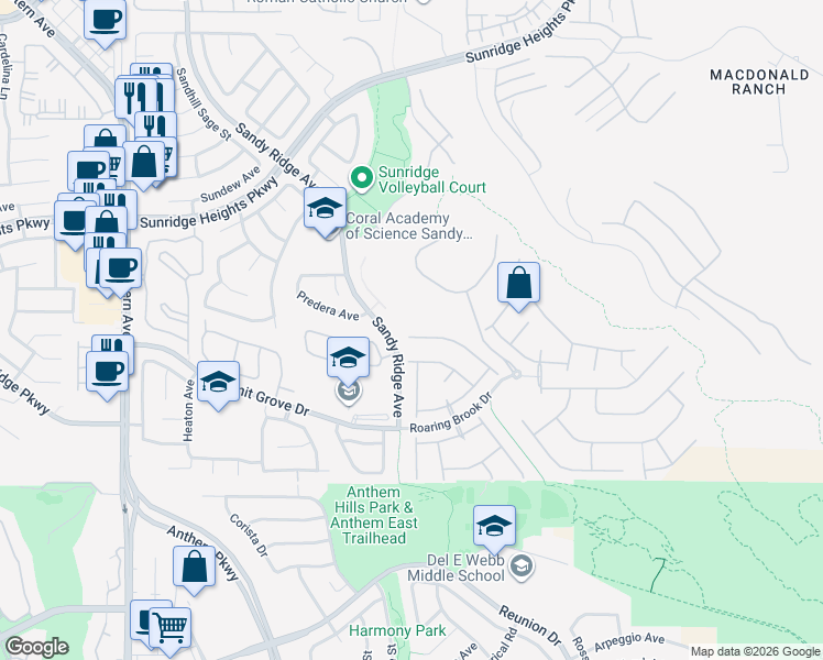 map of restaurants, bars, coffee shops, grocery stores, and more near 2292 Dakota Sky Court in Henderson