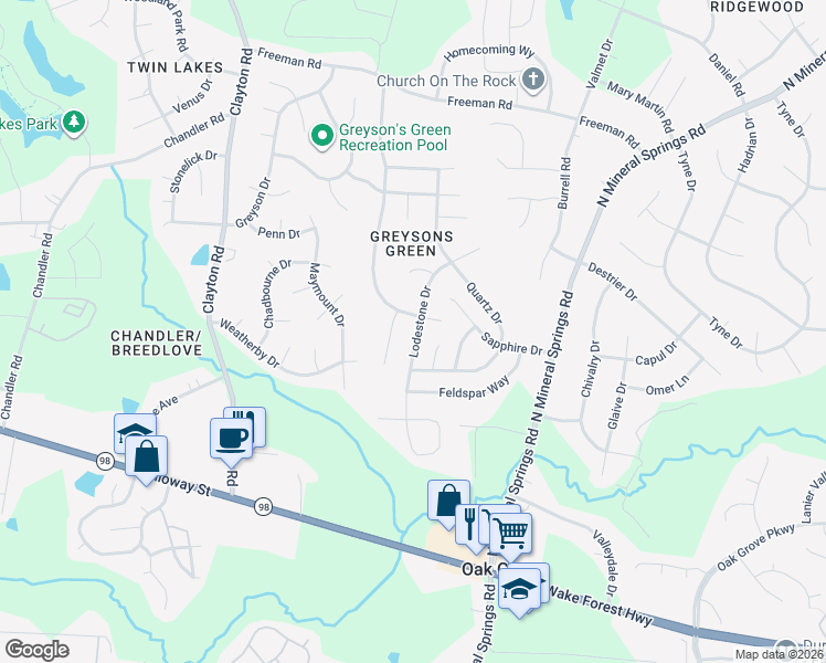 map of restaurants, bars, coffee shops, grocery stores, and more near 325 Lodestone Drive in Durham