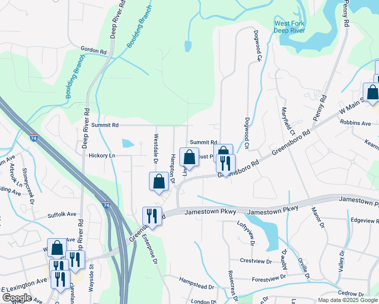 map of restaurants, bars, coffee shops, grocery stores, and more near 704 Summit Road in High Point