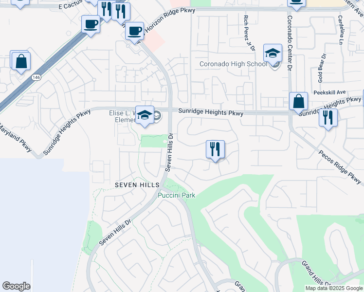 map of restaurants, bars, coffee shops, grocery stores, and more near 3027 Panorama Ridge Drive in Henderson