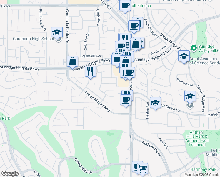 map of restaurants, bars, coffee shops, grocery stores, and more near 1023 Belle River Court in Henderson