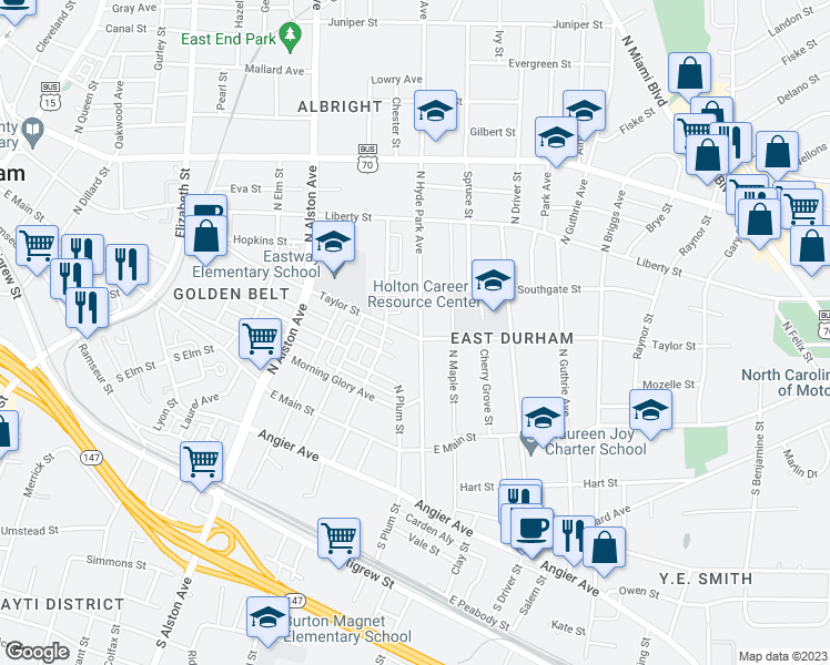 map of restaurants, bars, coffee shops, grocery stores, and more near 403 North Hyde Park Avenue in Durham